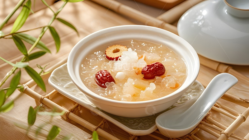 高清大图下载【趣麦麦图】绿意盎然环境中的银耳羹与养生甜点展示