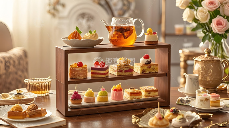 高清大图下载【趣麦麦图】复古风格下的甜点与红茶下午茶组合