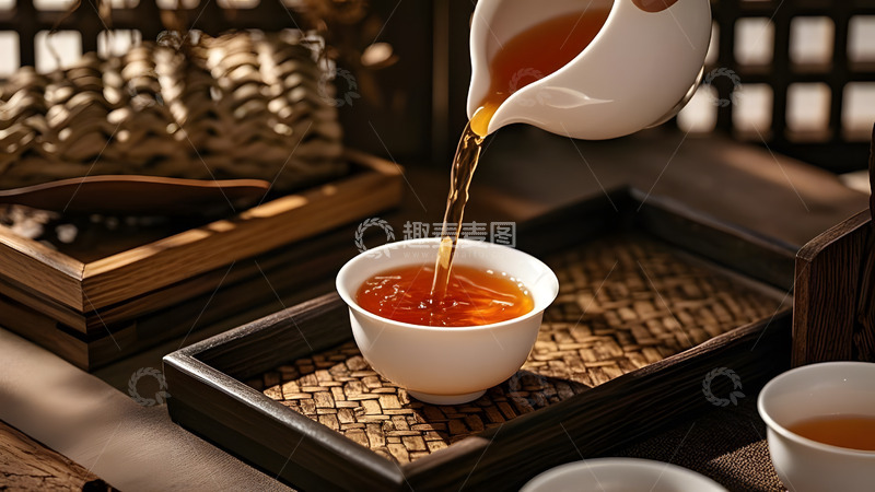 高清大图下载【趣麦麦图】阳光洒在茶杯中的红茶与陶壶组合