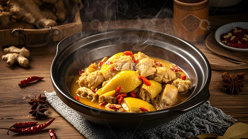 高清大图下载【趣麦麦图】砂锅炖鸡搭配生姜的中式经典养生菜肴