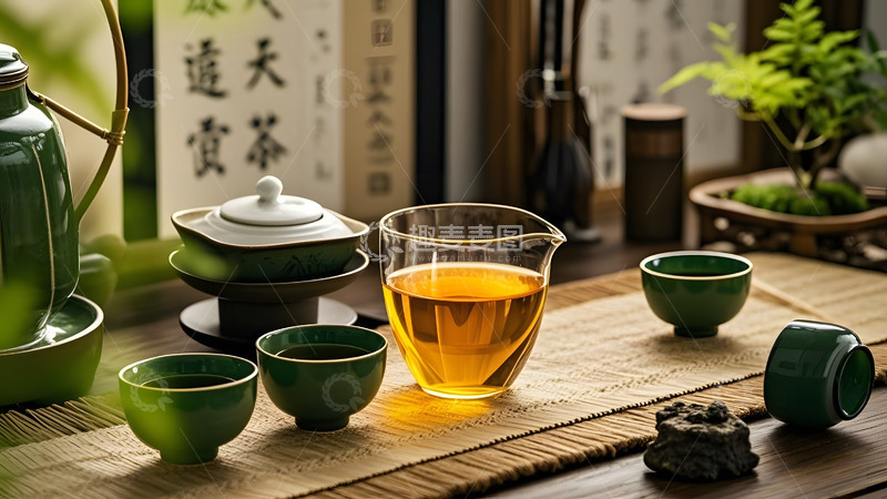 高清大图下载【趣麦麦图】中式茶具与黄茶的传统茶道文化展示