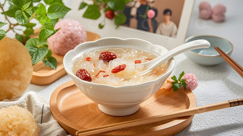 高清大图下载【趣麦麦图】绿意背景中的银耳羹与红枣养生甜点