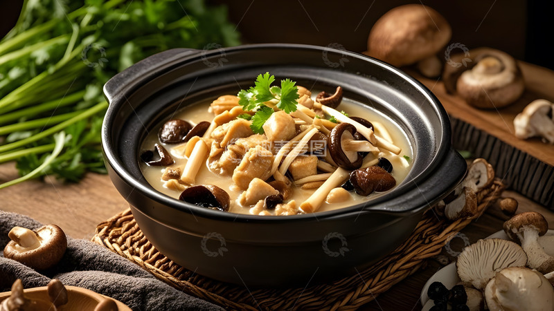 高清大图下载【趣麦麦图】砂锅炖鸡搭配绿叶装饰的家常养生菜