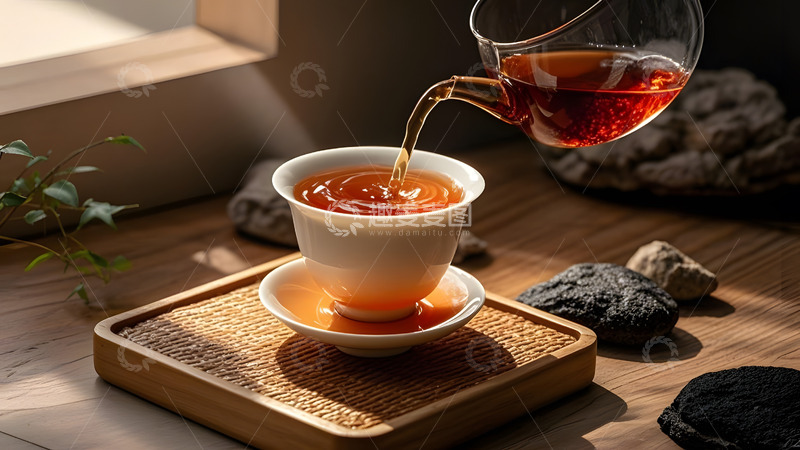 高清大图下载【趣麦麦图】阳光洒在木质托盘上的红茶冲泡场景