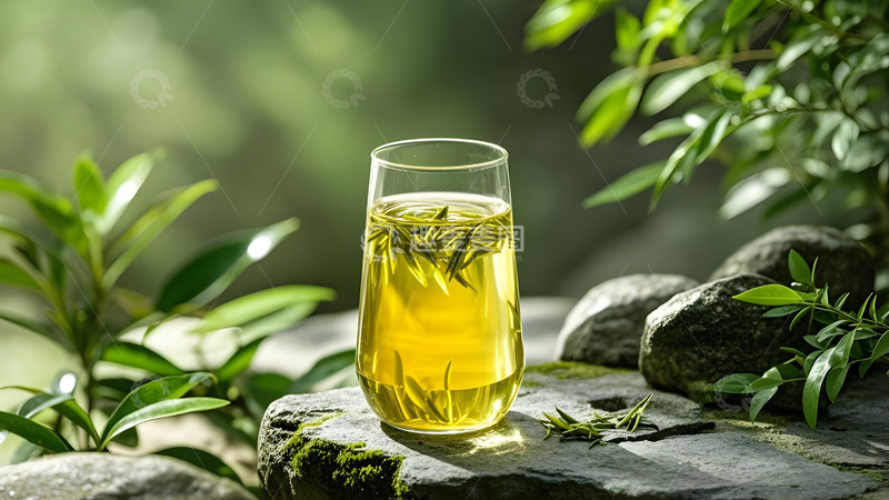 高清大图下载【趣麦麦图】绿意盎然环境中的玻璃杯绿茶艺术摆拍