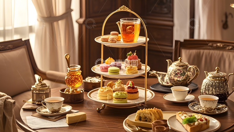 高清大图下载【趣麦麦图】圆桌上的红茶与甜点组合的高端下午茶