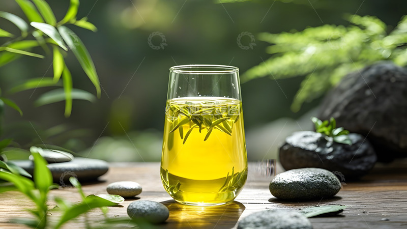 高清大图下载【趣麦麦图】森林背景中的玻璃杯黄茶健康饮品