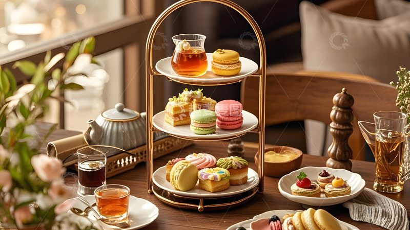 高清大图下载【趣麦麦图】英式三层茶架与甜点红茶的奢华茶会场景