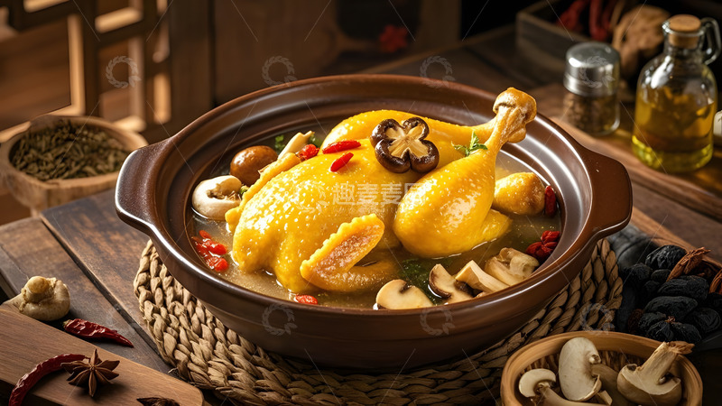 高清大图下载【趣麦麦图】深色背景衬托下的炖鸡养生美食艺术