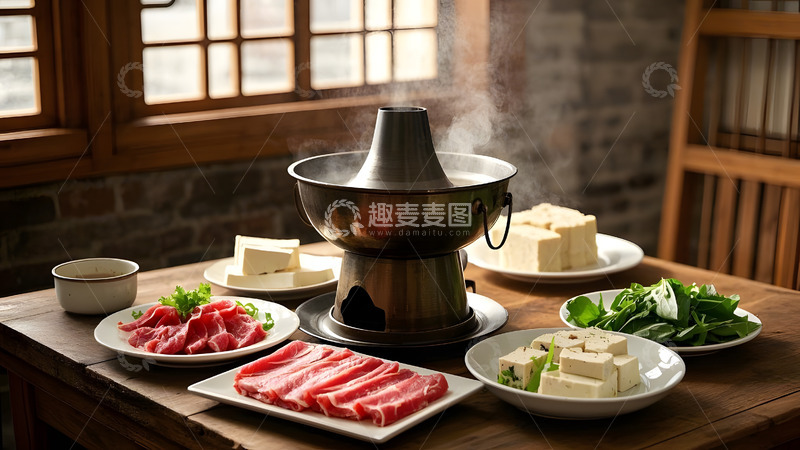 高清大图下载【趣麦麦图】中式木桌上的铜火锅与蔬菜组合