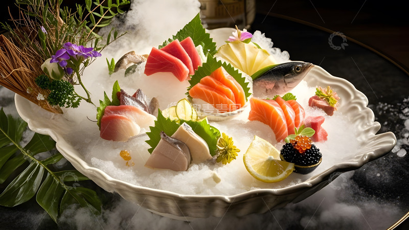 高清大图下载【趣麦麦图】新鲜刺身拼盘与柠檬点缀的健康日式料理