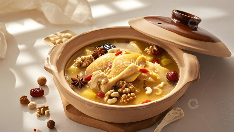 高清大图下载【趣麦麦图】白色陶碗中盛放的清炖鸡汤与香料点缀