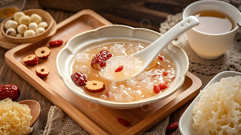 高清大图下载【趣麦麦图】精致陶瓷碗盛放的银耳羹与红枣点缀