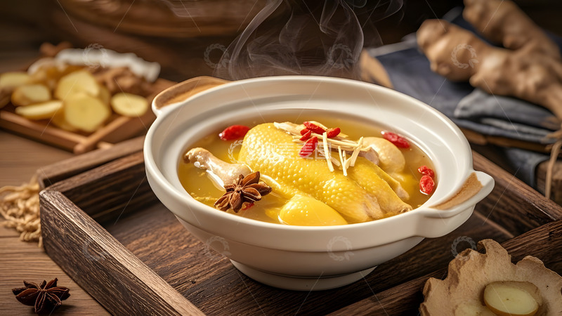 高清大图下载【趣麦麦图】陶瓷砂锅炖鸡与食材点缀的传统中餐