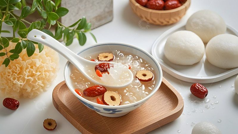 高清大图下载【趣麦麦图】中式餐桌上的银耳羹与多样养生配料