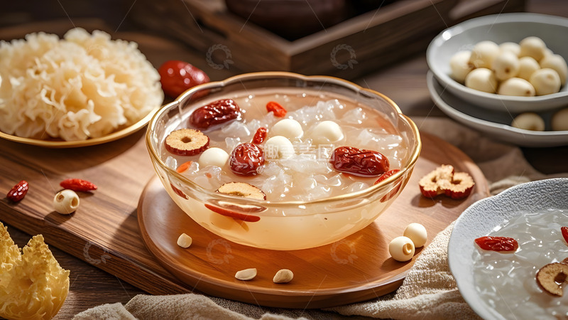 高清大图下载【趣麦麦图】家庭餐桌上的红枣银耳羹与传统养生甜品