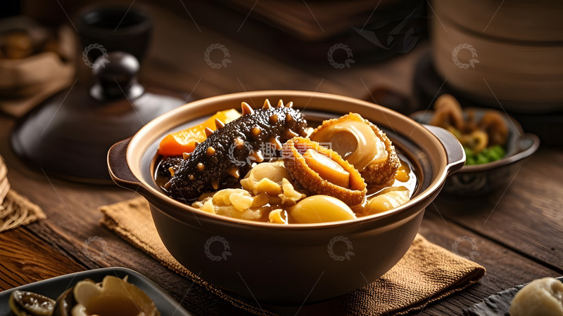 高清大图下载【趣麦麦图】精致陶瓷器皿中的佛跳墙与香料装饰画面