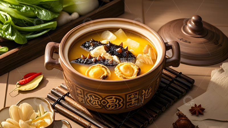 高清大图下载【趣麦麦图】豪华宴席中的佛跳墙与红枣枸杞的养生组合