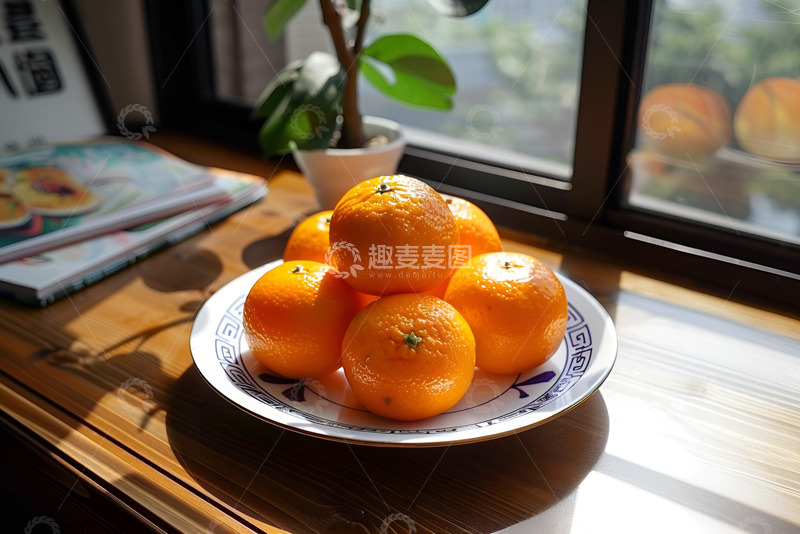 高清大图下载【趣麦麦图】放在窗户边的一盘橙子