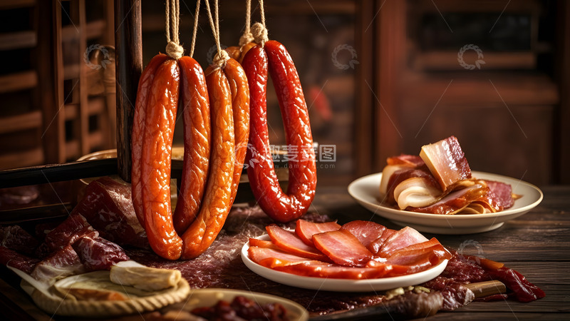高清大图下载【趣麦麦图】传统手工腊肉挂晒展示自然风味