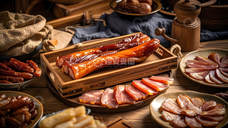 高清大图下载【趣麦麦图】腊肉切片和整块结合的美味呈现