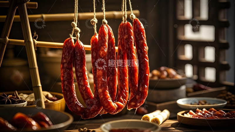 高清大图下载【趣麦麦图】挂晒腊肉画面展现纯正乡村美味