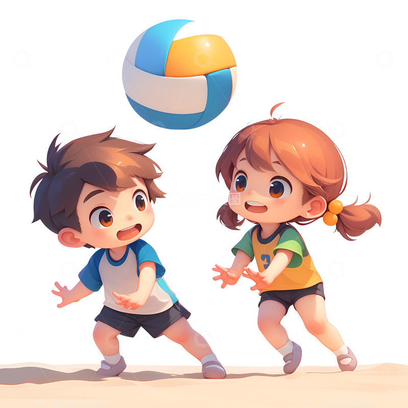 高清大图下载【趣麦麦图】卡通简约打沙滩排球的孩子们