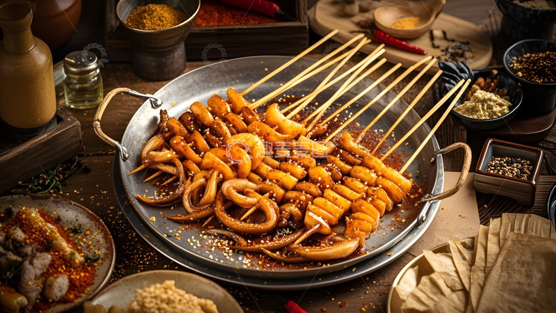 高清大图下载【趣麦麦图】热气腾腾的铁板鱿鱼烧烤风味浓郁
