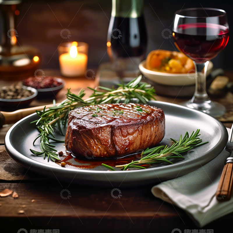 高清大图下载【趣麦麦图】厚切牛排红酒