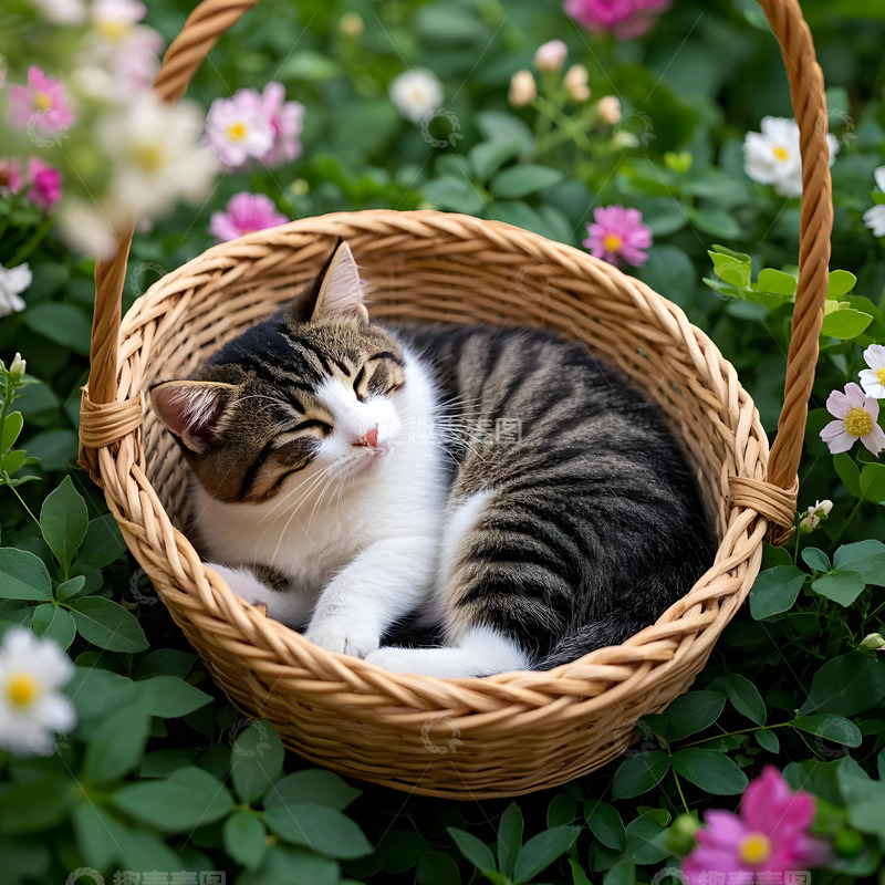 高清大图下载【趣麦麦图】野外草丛上摇篮里睡觉的猫咪