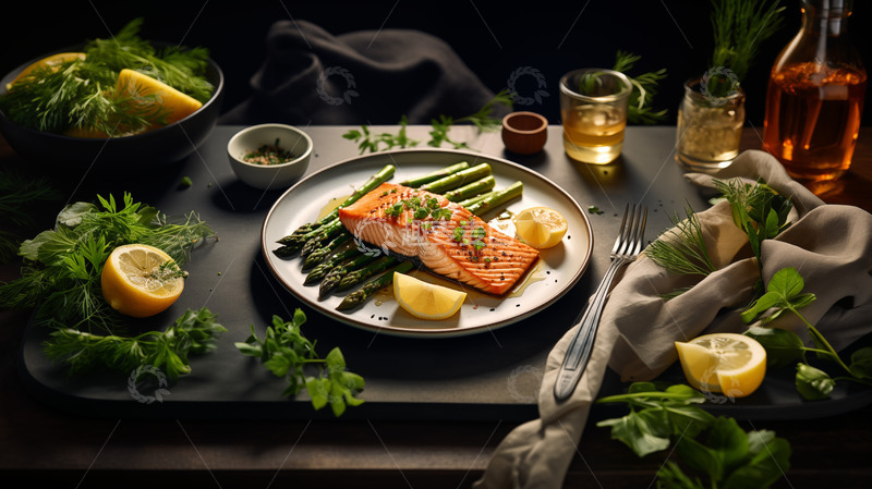 高清大图下载【趣麦麦图】柠檬芦笋煎三文鱼