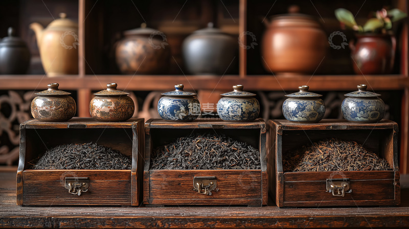 高清大图下载【趣麦麦图】茶叶储存木盒陶瓷茶罐