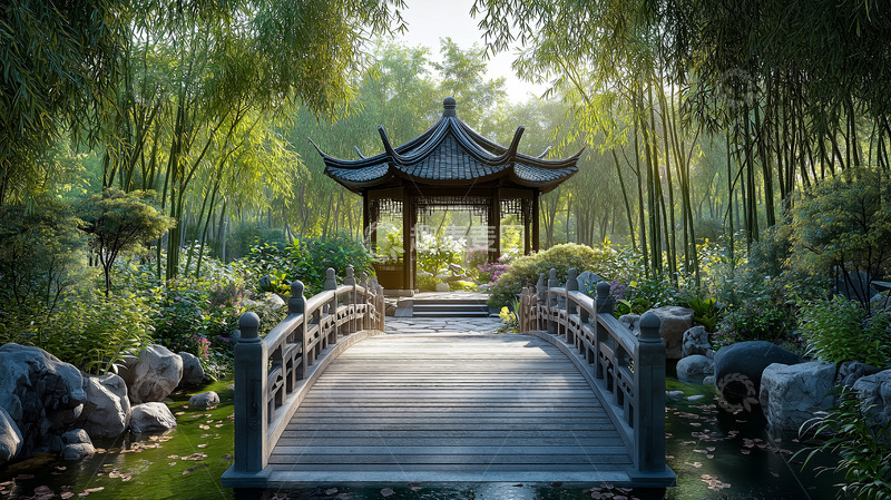 高清大图下载【趣麦麦图】园林风光小亭小桥