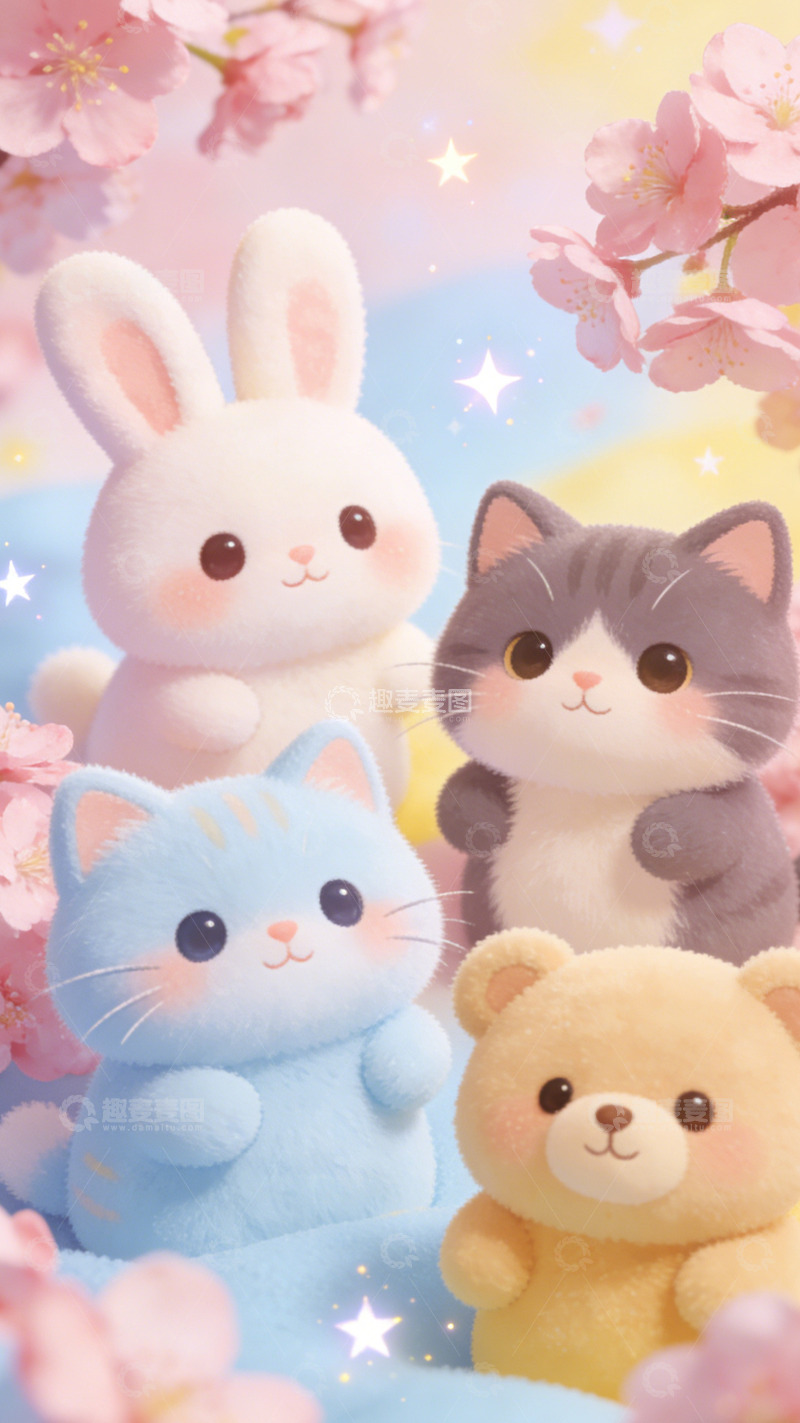 高清大图下载【趣麦麦图】可爱动物樱花梦幻插画壁纸
