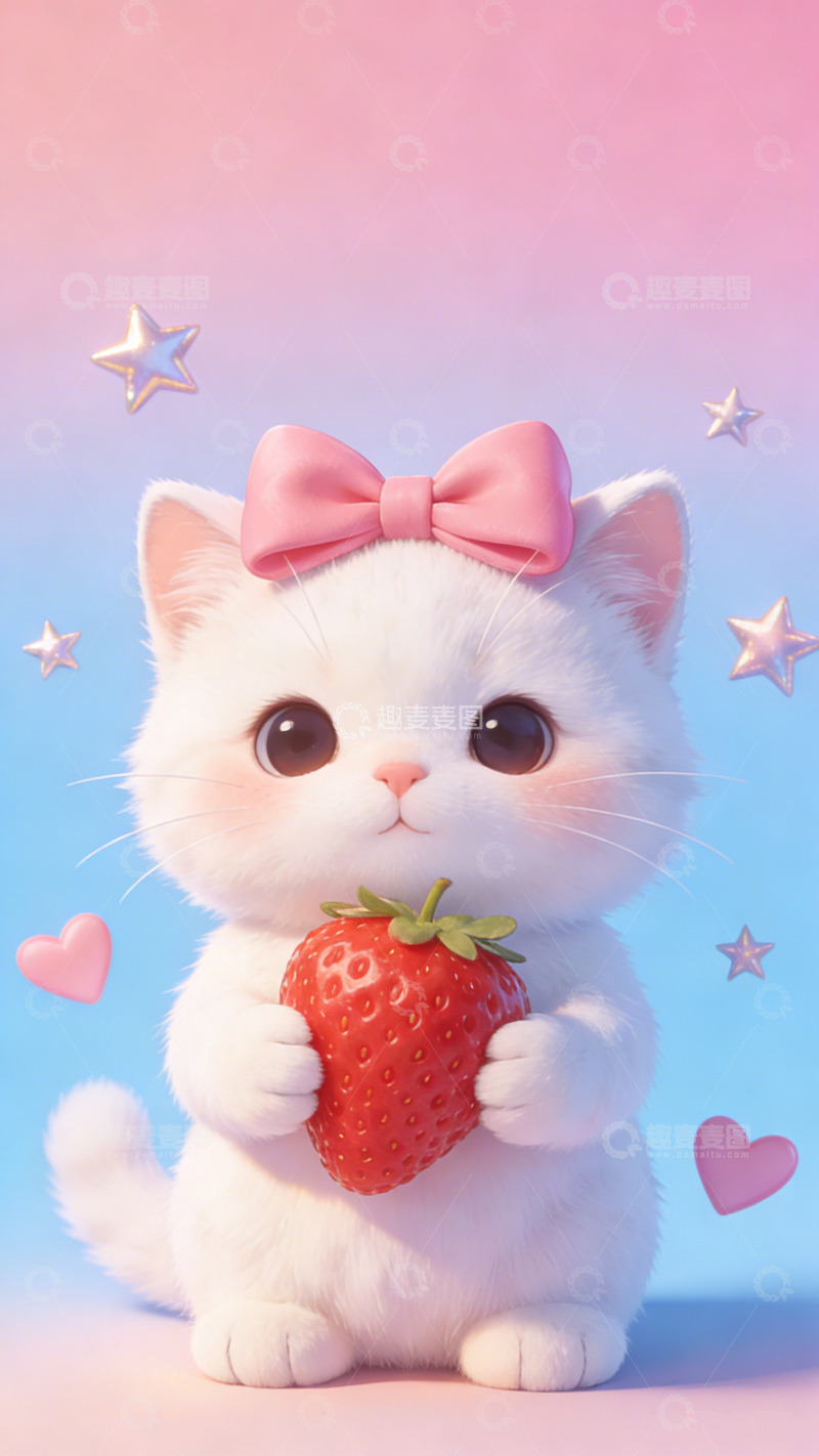 高清大图下载【趣麦麦图】可爱卡通白猫草莓壁纸