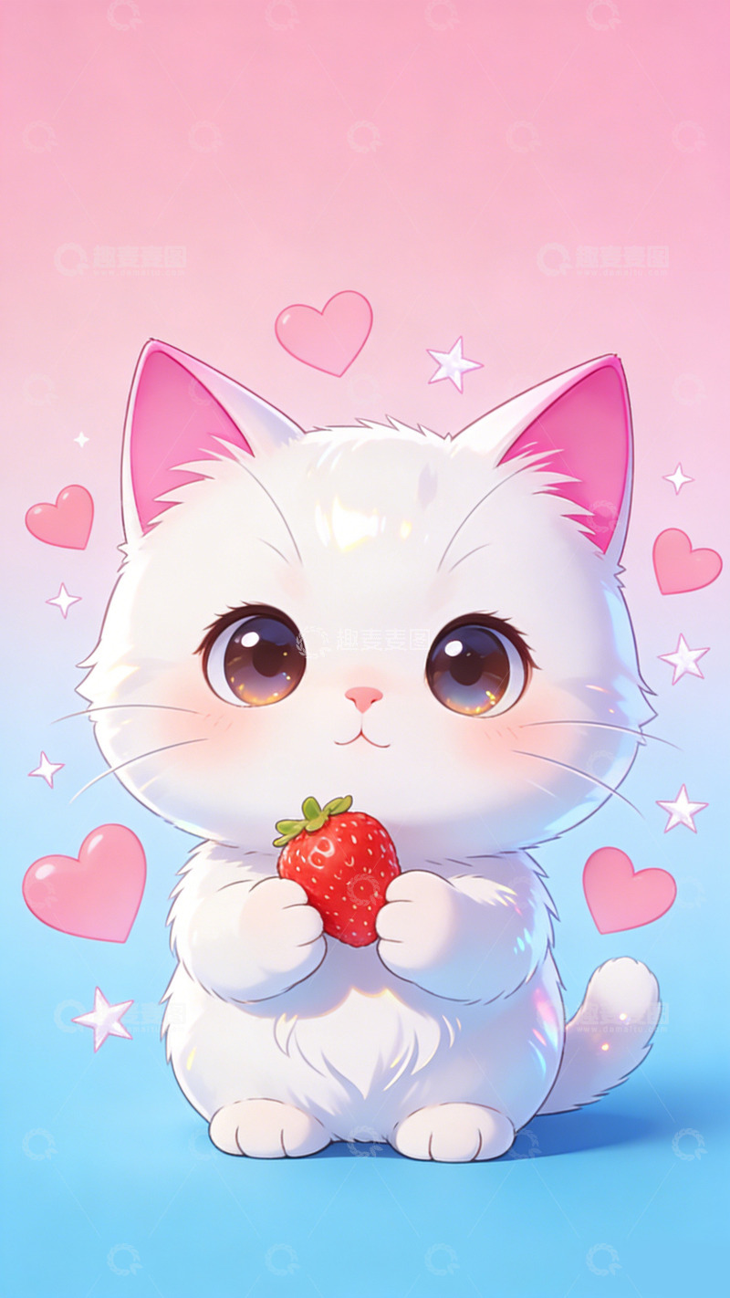 高清大图下载【趣麦麦图】可爱卡通白猫草莓插画