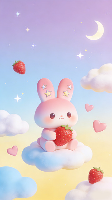 可爱兔兔梦幻云朵草莓插画壁纸