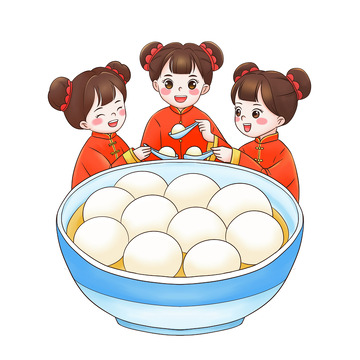 围坐在一起吃元宵的可爱女孩