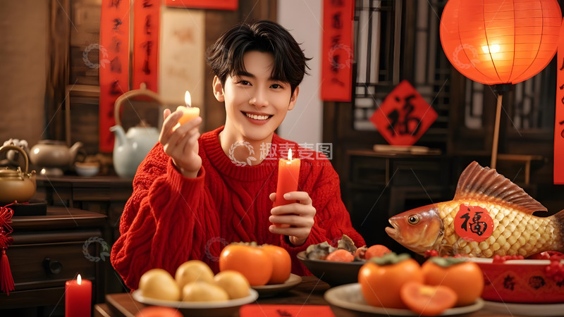 高清大图下载【趣麦麦图】红色服饰中的春节人物庆祝时刻