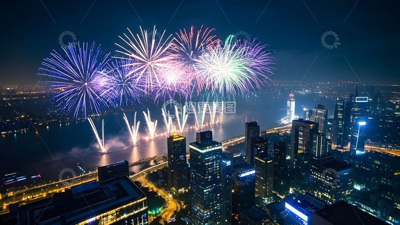 高清大图下载【趣麦麦图】城市夜空中盛放的烟花