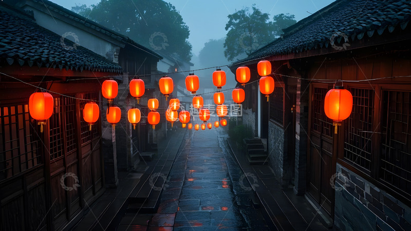 高清大图下载【趣麦麦图】灯笼装饰下的春节街道景观