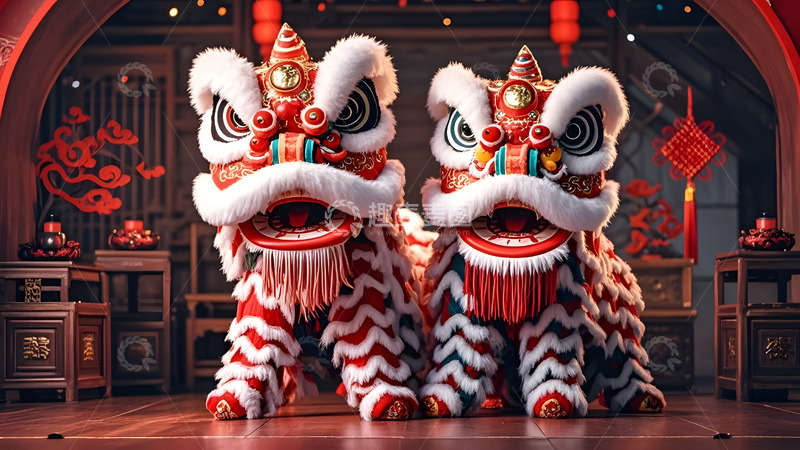 高清大图下载【趣麦麦图】舞狮队伍在红灯笼下跳跃