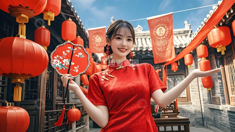 高清大图下载【趣麦麦图】春节人物与红灯笼合影庆祝