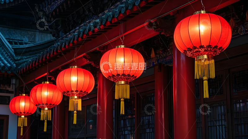 高清大图下载【趣麦麦图】春节的红灯笼挂满街道