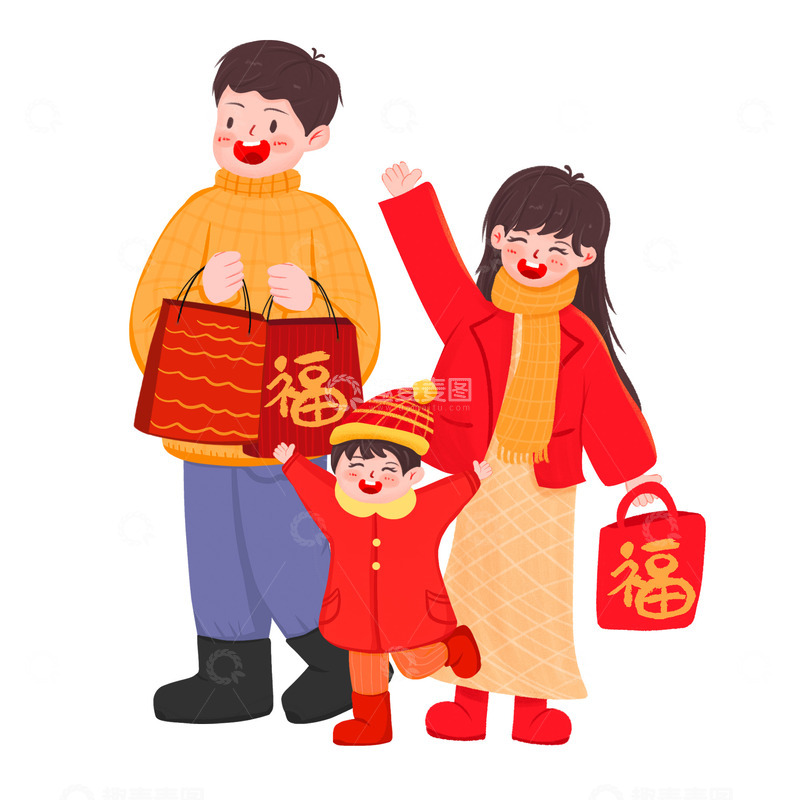 源文件下载【趣麦麦图】办年货赶大集拜年手绘卡通人物元素