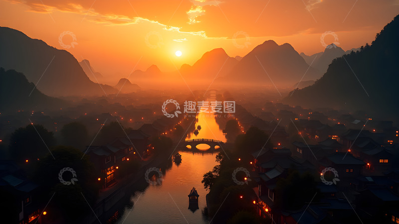 高清大图下载【趣麦麦图】夕阳古镇古城摄影图