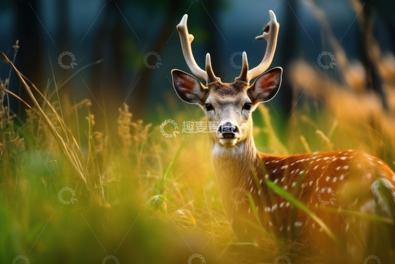 高清大图下载【趣麦麦图】草丛中的一只梅花鹿