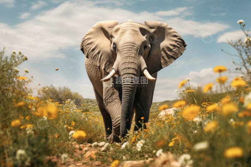 高清大图下载【趣麦麦图】花丛中行走的大象