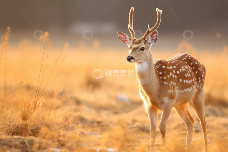 高清大图下载【趣麦麦图】荒草地上的一只梅花鹿