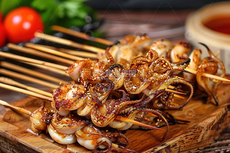 高清大图下载【趣麦麦图】一盘美味的烤鱿鱼串